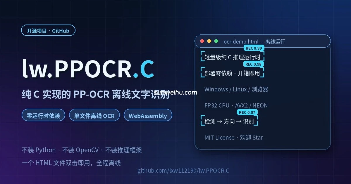 lw.PPOCR.C——纯 C 实现的 PP-OCR 文字识别引擎，零依赖离线可用，一个 HTML 双击就能跑