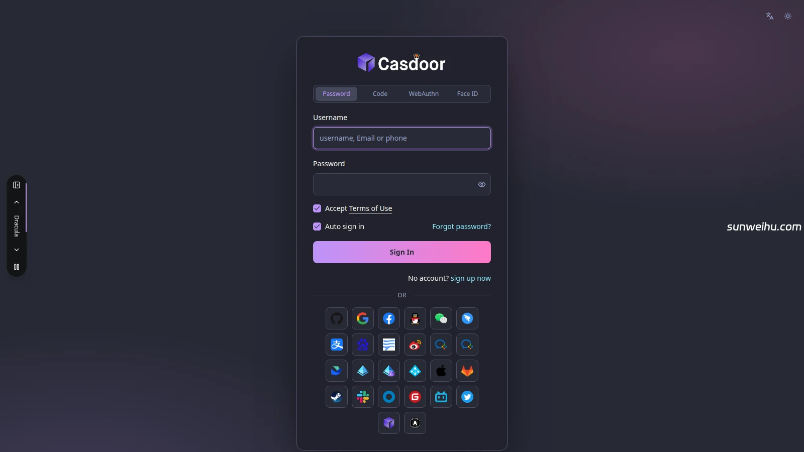 Casdoor 登录页:密码/验证码/WebAuthn/Face ID 四种方式