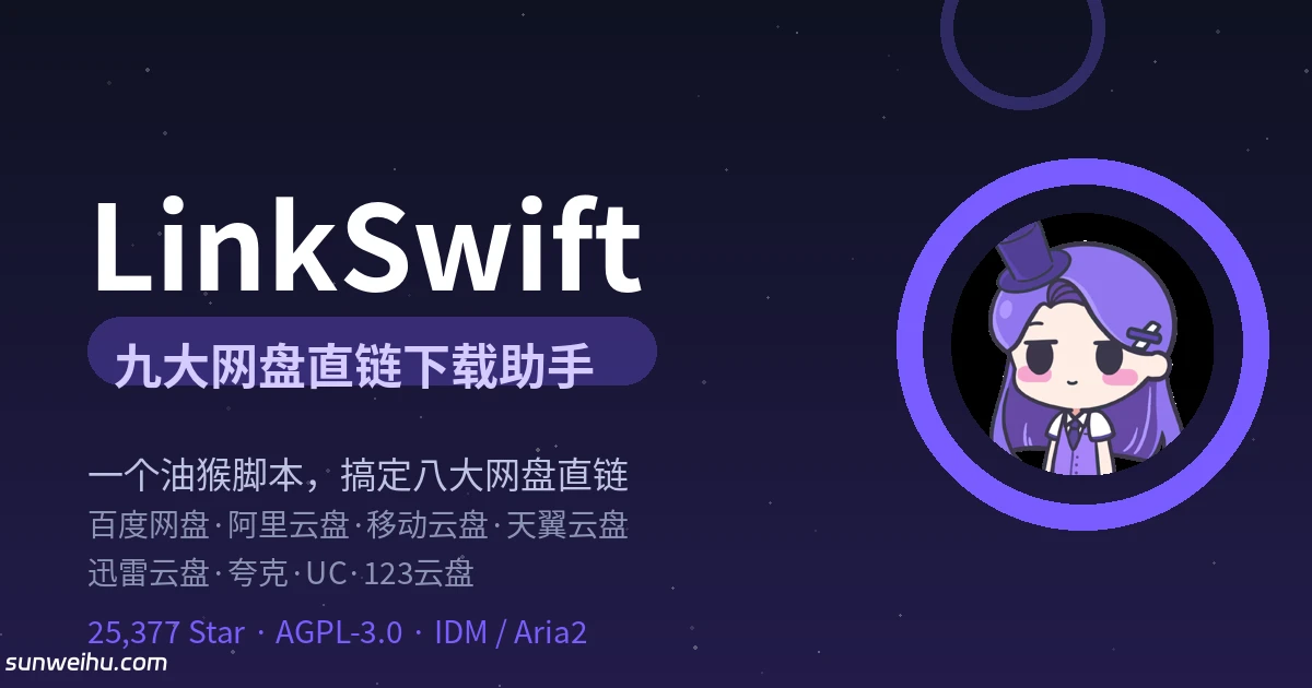 LinkSwift——25377 Star 的开源网盘直链下载助手：八大网盘一个油猴脚本全搞定，直链交给 IDM / Aria2 随便跑